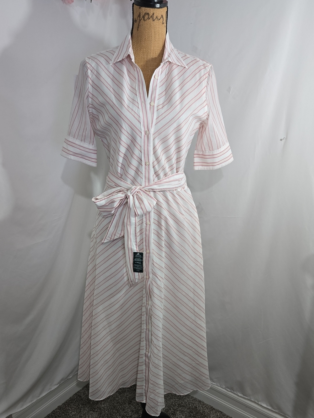 Ralph Lauren Pink and White Striped Midi Shirt Dress with Waist Tie